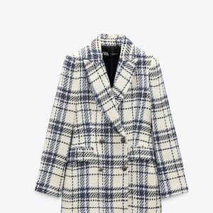 Zara Women's Navy and Cream Checkered Blazer
